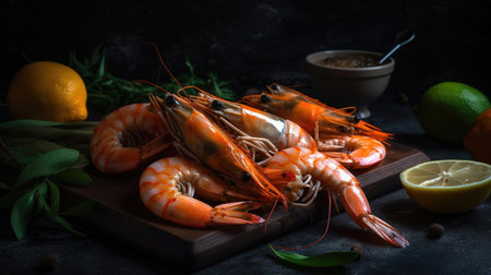 Juicy Shrimps on Rustic Wooden Plank with Lemon and Greens. Dark Background Adds Appetizing Contrast. Generative AI.の素材