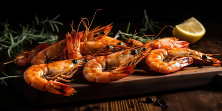 Juicy Shrimps on Rustic Wooden Plank with Lemon and Greens. Dark Background Adds Appetizing Contrast. Generative AI.の素材
