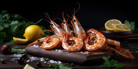 Juicy Shrimps on Rustic Wooden Plank with Lemon and Greens. Dark Background Adds Appetizing Contrast. Generative AI.の素材