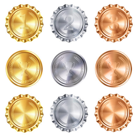 Realistic Vector set of 3D golden, silver, and bronze winner abstract badges with laurel wreaths. Shiny trophy prize design in circle shape collection for champions and outstanding achievementsのイラスト素材