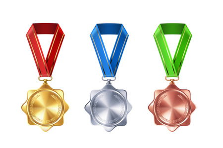 Set of realistic gold, silver, and bronze empty medals on colorful ribbons. Sports competition awards for 1st, 2nd, and 3rd place. Championship rewards for victories and achievementsのイラスト素材