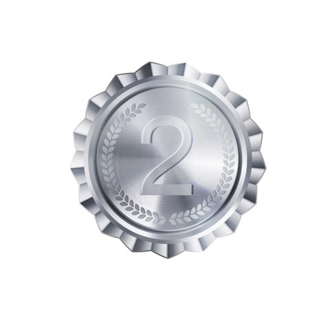 Realistic silver medal with engraved laurel wreath and number two. Versatile designs for custom awards and creative projectsのイラスト素材
