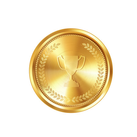 Realistic gold medal with engraved laurel wreath and winner cup. Versatile designs for custom awards and creative projects.のイラスト素材