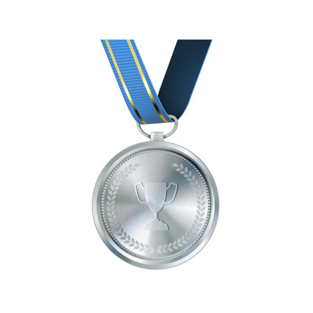 Realistic silver medal on blue ribbon. Sports competition awards for second place. Championship rewards for achievements and victories.のイラスト素材