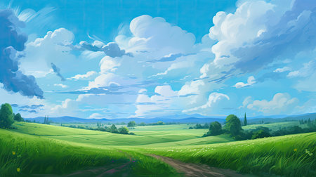 Anime-style artwork of serene pastoral scenes. Fields, clouds, and dirt paths come to life in richly detailed. Generative AIの素材