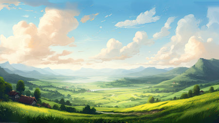 Calming cute rural landscape with fields, pastures and winding roads in a cartoon style. Generative AIの素材