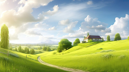 Calming cute rural landscape with fields, pastures and winding roads in a cartoon style. Generative AIの素材