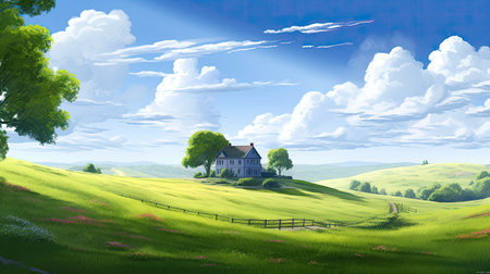 Calming cute rural landscape with fields, pastures and winding roads in a cartoon style. Generative AIの素材