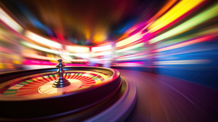 Blurry motion background and spinning roulette. Perfect for casino themes. Vibrant colors and dynamic movement. AI generated.の素材