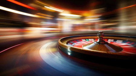 Blurry motion background and spinning roulette. Perfect for casino themes. Vibrant colors and dynamic movement. AI generated.の素材