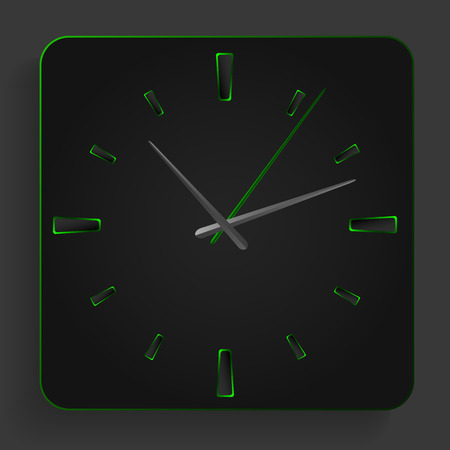 Analog clock with green neon lights on a black background. のイラスト素材