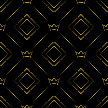 Seamless pattern with geometric elements and gold crowns on black background.のイラスト素材