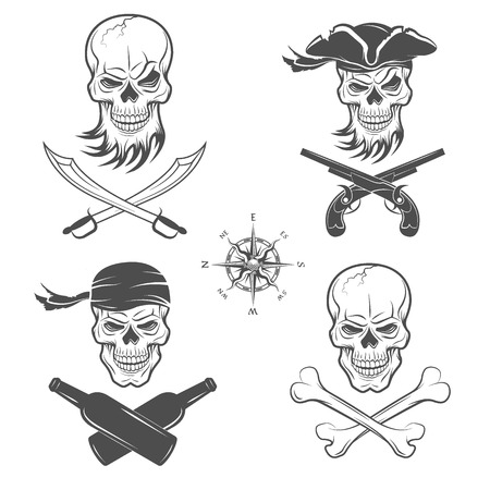Emblems of skulls on the pirate theme.  Vector illustration.のイラスト素材