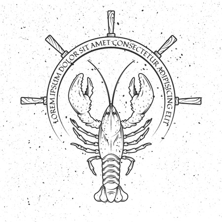 lobster, helm of the ship, and a place for text. Emblem, banners.  Vector illustrationのイラスト素材