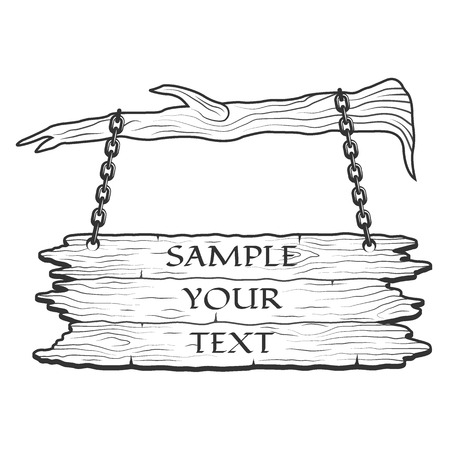 Old, worn, wooden sign on the chains with space for text. Vector illustration.のイラスト素材