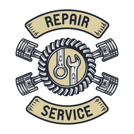 Piston, gear and wrenches. Repair service emblemのイラスト素材