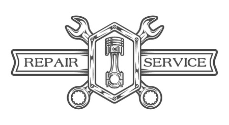 Auto service emblem, sign. Wrench, plunger and place for text. The monochrome style.のイラスト素材