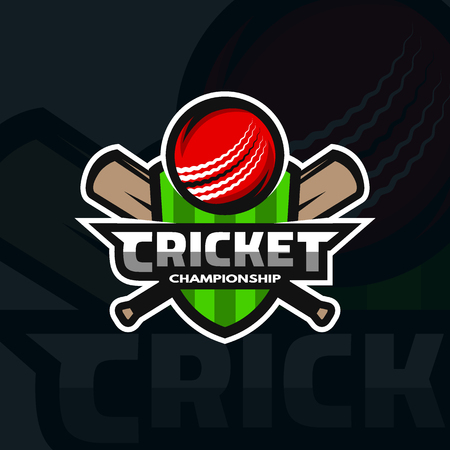 Cricket sports label, badge, emblem. The ball and bats on the background of the shield.のイラスト素材