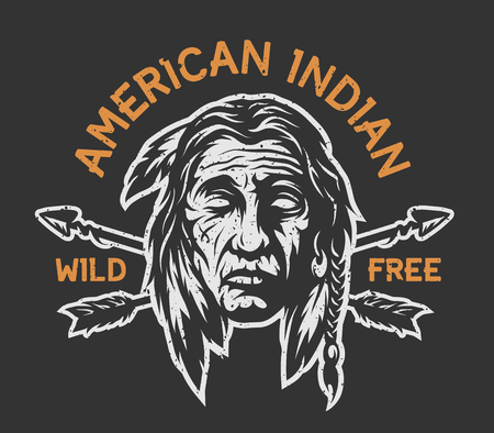 Native american indian head, emblem, t-shirt graphic, on a dark background.のイラスト素材
