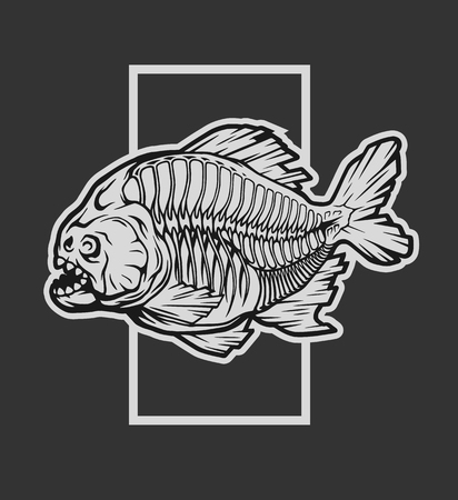 Skeleton piranha and a geometric element on a dark background.のイラスト素材