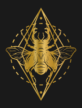 Beetle deer and geometric elements. Golden symbol on a dark background.のイラスト素材