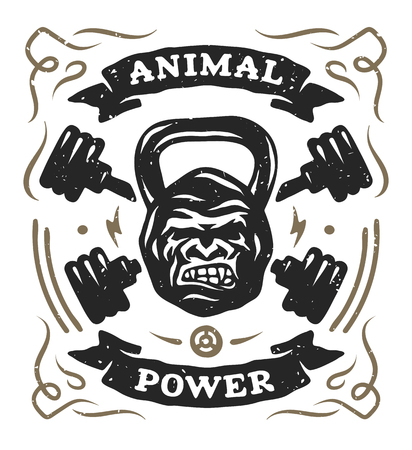 Two barbell and head gorilla weight. Athletic emblem, poster, t shirt design.のイラスト素材