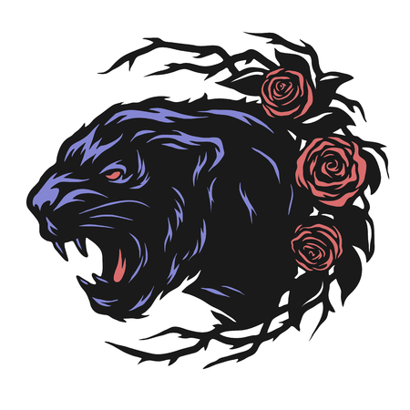 The head of a black panther and roses. Vector illustration.のイラスト素材