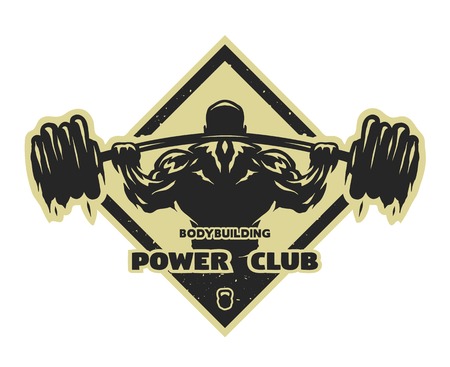 Bodybuilder with a barbell Label emblem, t-shirt design.のイラスト素材