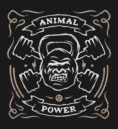 Two barbell and head gorilla weight. Athletic emblem, poster, t shirt design. For a dark background.のイラスト素材