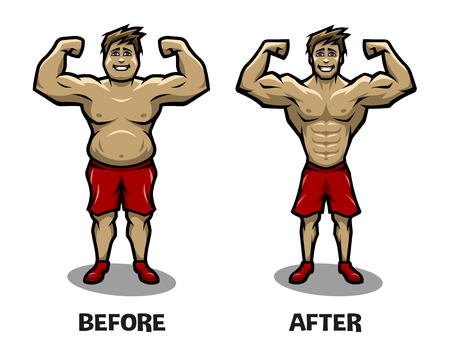 Before and after weight loss. Fat guy and athletic guy.のイラスト素材