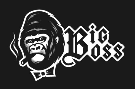 Big boss. Angry gorilla with a cigar on a dark background. Vector illustration.のイラスト素材