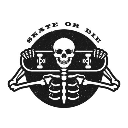 Skater skeleton with a board. Emblem, t-shirt graphics. Vector illustration.のイラスト素材