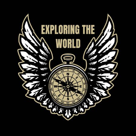 Exploring the world. Compass and wings, sign, symbol on a dark background. Vector illustration.のイラスト素材
