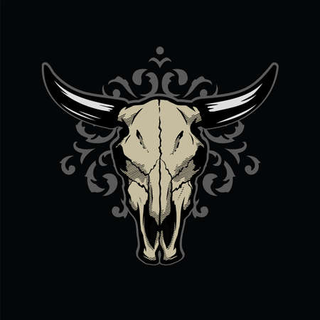 Skull of a bull on a pattern on a dark background. Vector illustration.のイラスト素材