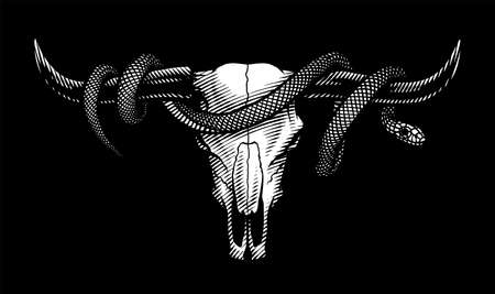 Bull skull and snake. T-shirt print design on a dark background. Vector illustration.のイラスト素材