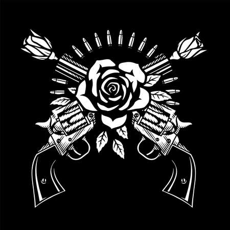 Two crossed pistols and roses on a dark background. Vector illustration.のイラスト素材