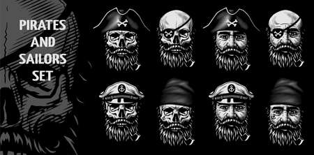 Set of sailors and pirates, skulls and heads on a dark background. Vector illustration.のイラスト素材