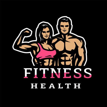 Man and woman, fitness club icon on a dark background. Vector illustration.のイラスト素材