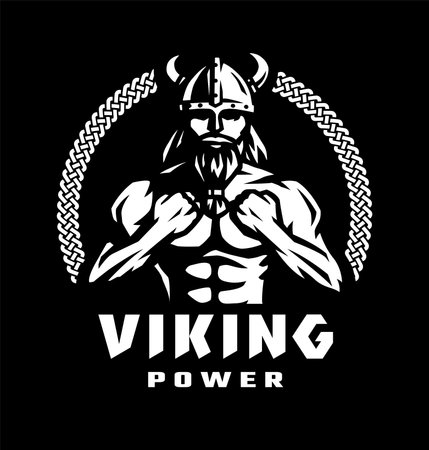Viking power. Emblem with a silhouette of a warrior on a dark background. Vector illustration.のイラスト素材