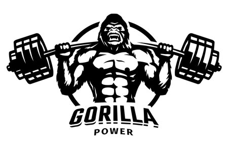 Gorilla with a barbell. Bodybuilding and fitness logo.のイラスト素材