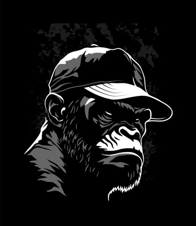 Angry gorilla head in the baseball cap on a dark background. Vector illustration.のイラスト素材