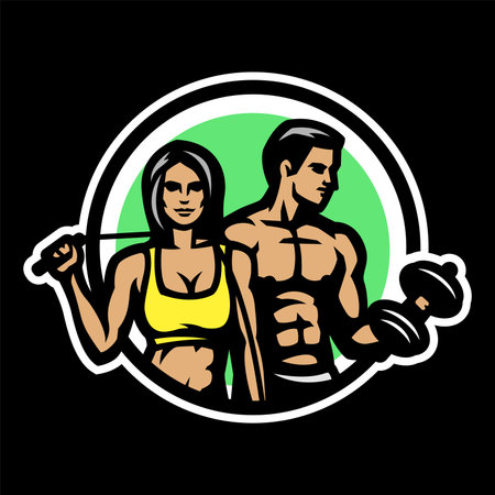 Man and woman, fitness logo on a black background. Vector illustration.のイラスト素材
