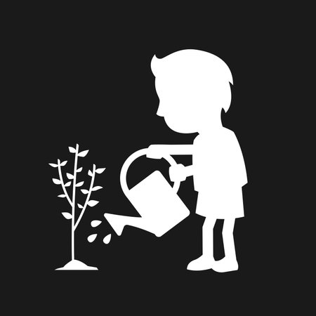 A child watering a tree on a dark background.のイラスト素材