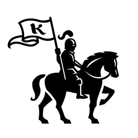 Knight riding a horse with a shield and flag logo.のイラスト素材