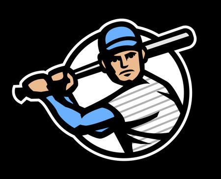 Baseball player with bat, logo on a dark background.のイラスト素材