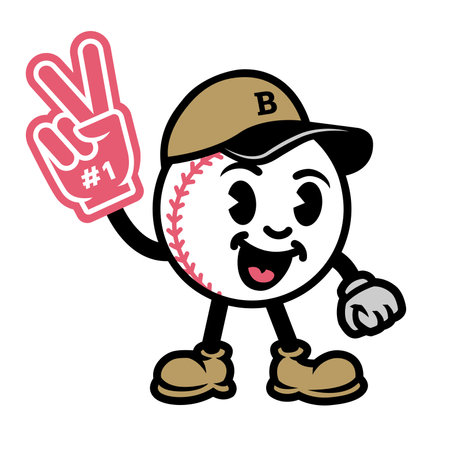 Baseball in the form of a cartoon character with a foam hand, a victory sign.のイラスト素材