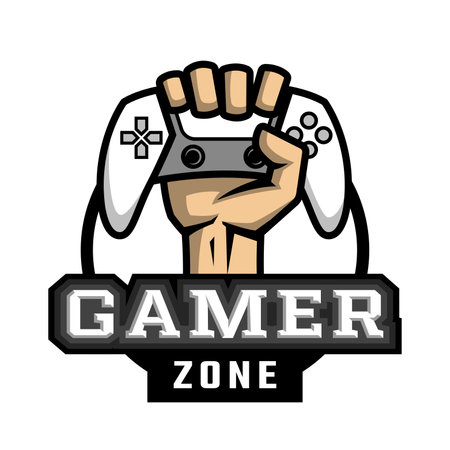 The hand holds the controller. Hardcore gamer logo.のイラスト素材