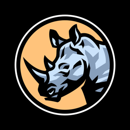 Rhinoceros head. Logo in a round frame on dark background.のイラスト素材