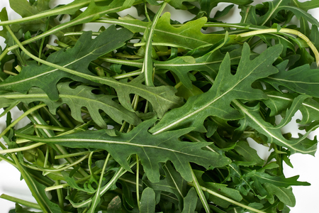 green fresh ruccola isolated on white background, close up studio shotの写真素材