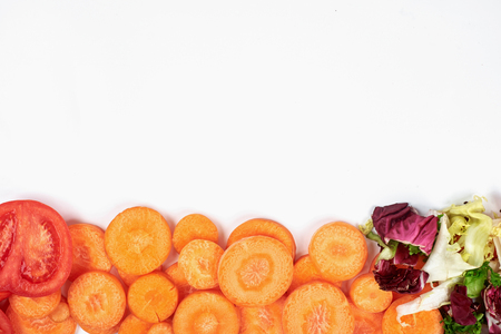 Fresh organic vegetables isolated on the white background. Healthy natural food with copy space . Cooking ingredients top view, mockup for recipe or menu.の写真素材